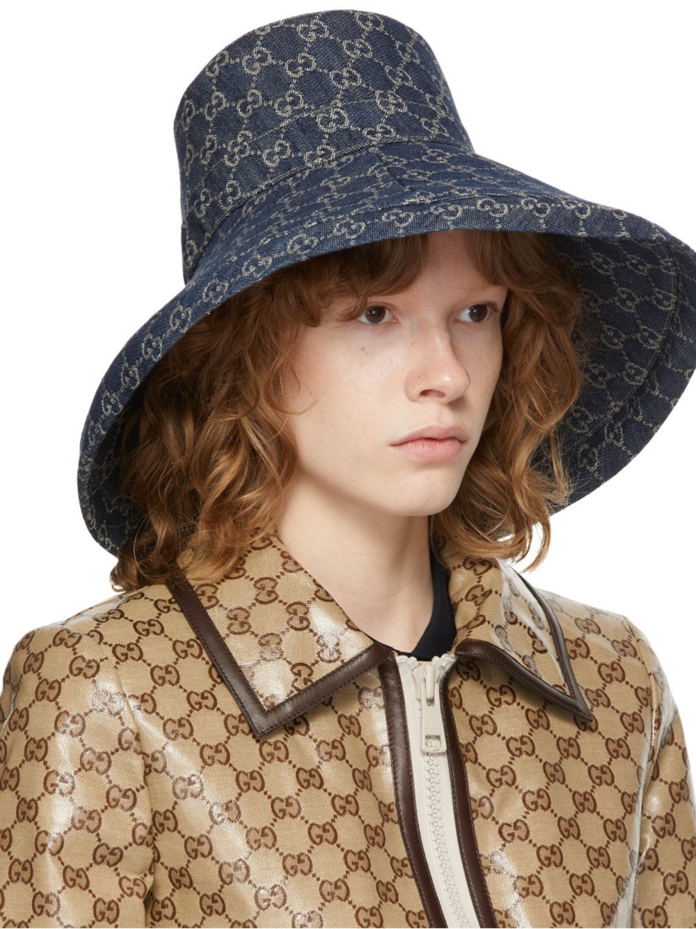 Denim Monogram Sun Coverage Beach Bucket Hat Wide Large Brim Jacquard Navy Blue - Picture 8 of 15